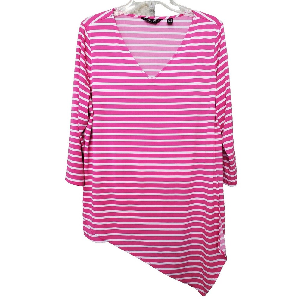 SUSAN GRAVER Every Day LiquidKnit Pink Striped Angled Hem V-Neck Tunic Size L